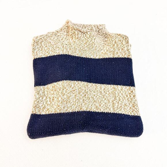 J. Crew Banded Woven Knitted Turtle Neck Top Beige Blue Size L - Picture 1 of 7
